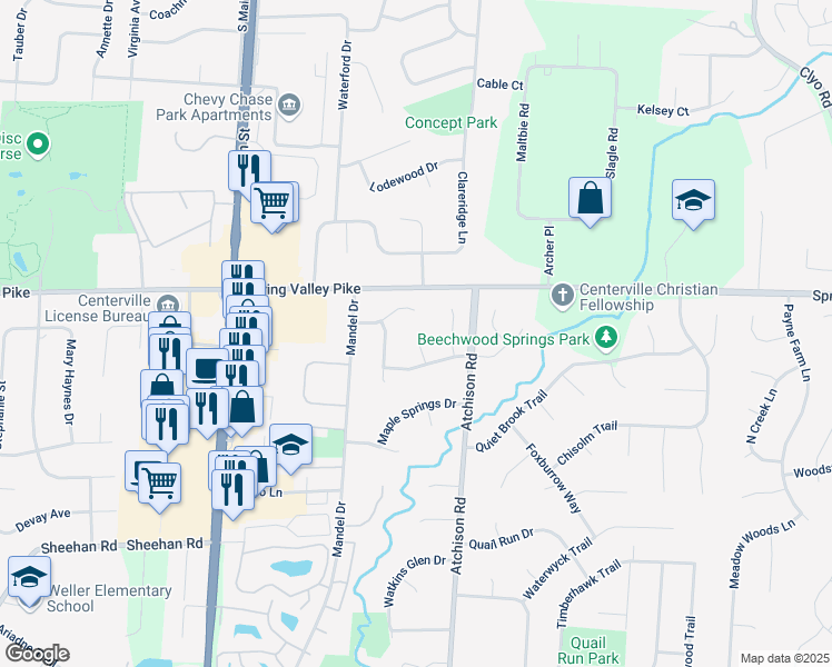 map of restaurants, bars, coffee shops, grocery stores, and more near 9212 Mintcreek Court in Dayton