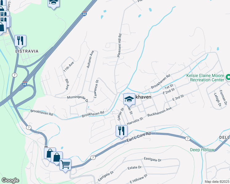 map of restaurants, bars, coffee shops, grocery stores, and more near 10 Lawrence Street in Morgantown