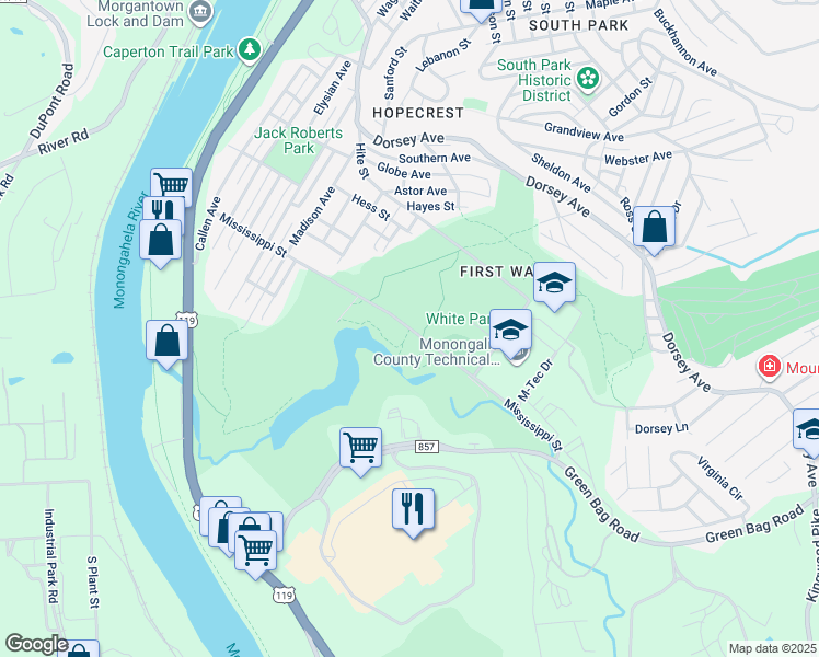 map of restaurants, bars, coffee shops, grocery stores, and more near 613 Mississippi Street in Morgantown