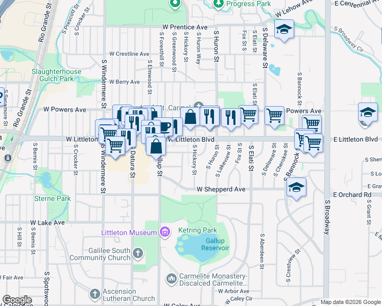 map of restaurants, bars, coffee shops, grocery stores, and more near 5760 South Greenwood Street in Littleton