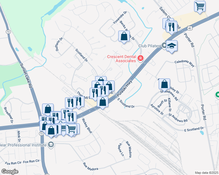 map of restaurants, bars, coffee shops, grocery stores, and more near 2008 Ashkirk Drive in Newark