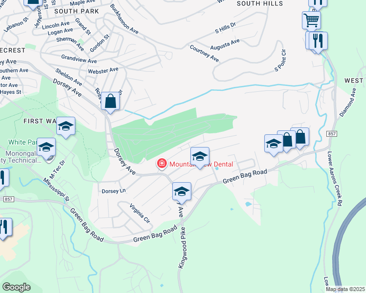 map of restaurants, bars, coffee shops, grocery stores, and more near 8004 Kaustin Drive in Morgantown