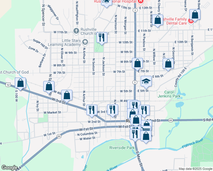 map of restaurants, bars, coffee shops, grocery stores, and more near 332 West 5th Street in Rushville