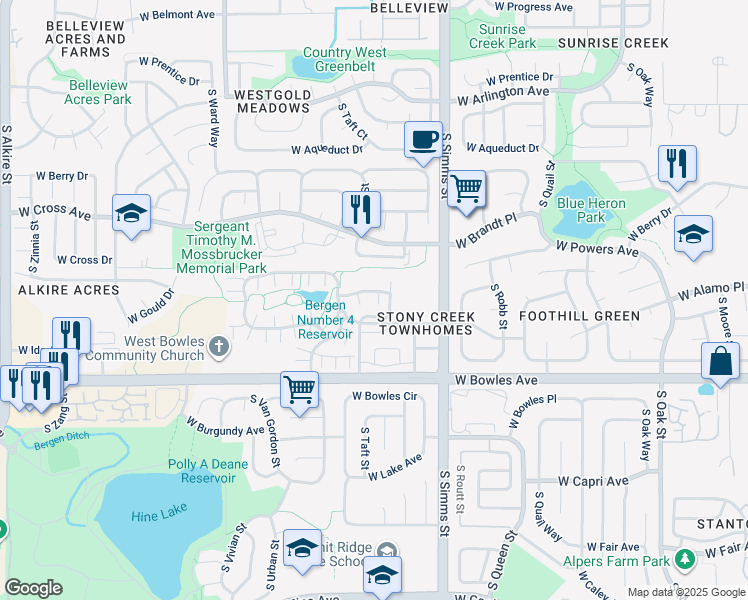 map of restaurants, bars, coffee shops, grocery stores, and more near 11973 West Long Circle in Littleton