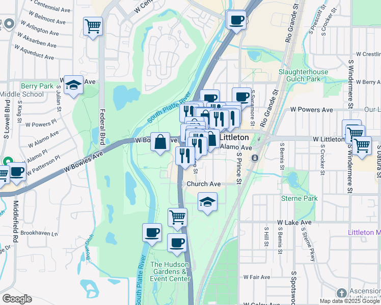 map of restaurants, bars, coffee shops, grocery stores, and more near 5810 South Santa Fe Drive in Littleton