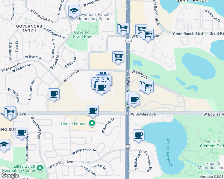 map of restaurants, bars, coffee shops, grocery stores, and more near 8501 W Bowles Ave in Littleton