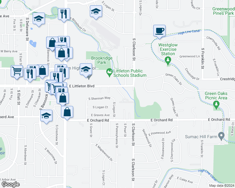 map of restaurants, bars, coffee shops, grocery stores, and more near 5707 South Pearl Street in Centennial