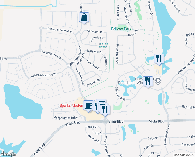map of restaurants, bars, coffee shops, grocery stores, and more near 2508 Emblem Street in Sparks