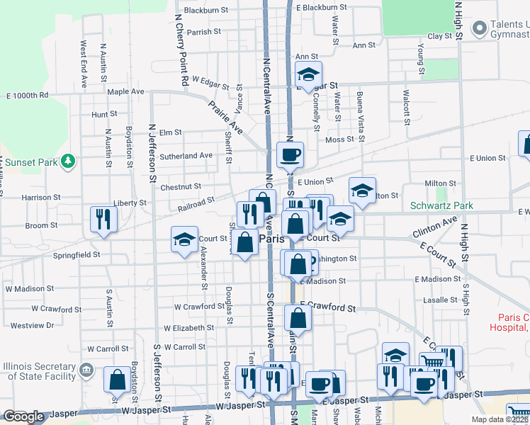 map of restaurants, bars, coffee shops, grocery stores, and more near 203 North Central Avenue in Paris