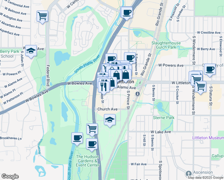 map of restaurants, bars, coffee shops, grocery stores, and more near 5780 South Curtice Street in Littleton