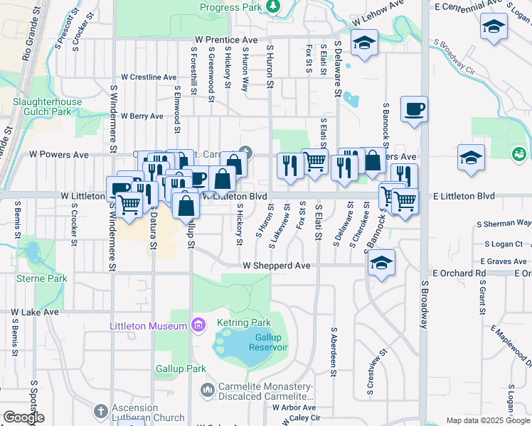 map of restaurants, bars, coffee shops, grocery stores, and more near 5765 South Lakeview Street in Littleton