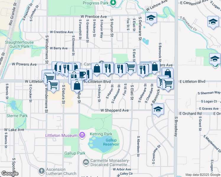 map of restaurants, bars, coffee shops, grocery stores, and more near 5765 South Lakeview Street in Littleton