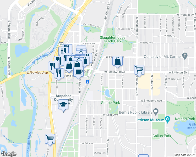map of restaurants, bars, coffee shops, grocery stores, and more near 5759 South Bemis Street in Littleton