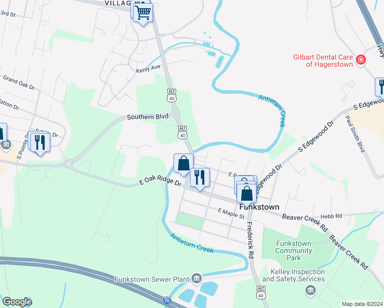 map of restaurants, bars, coffee shops, grocery stores, and more near 34 North Westside Avenue in Hagerstown
