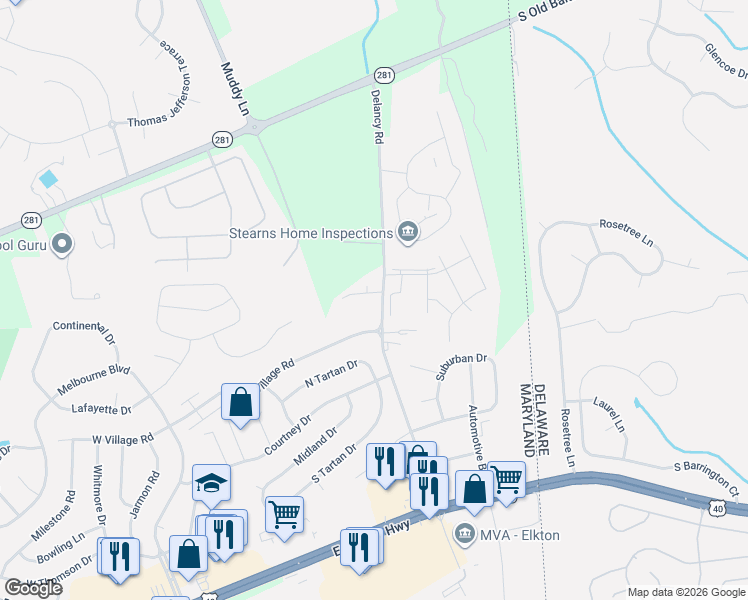 map of restaurants, bars, coffee shops, grocery stores, and more near 6 Shade Tree Lane in Elkton