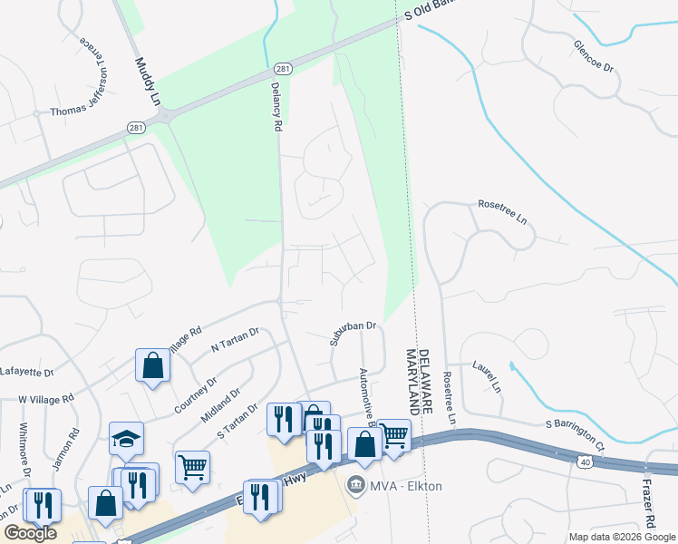 map of restaurants, bars, coffee shops, grocery stores, and more near 24 Loran Court in Elkton