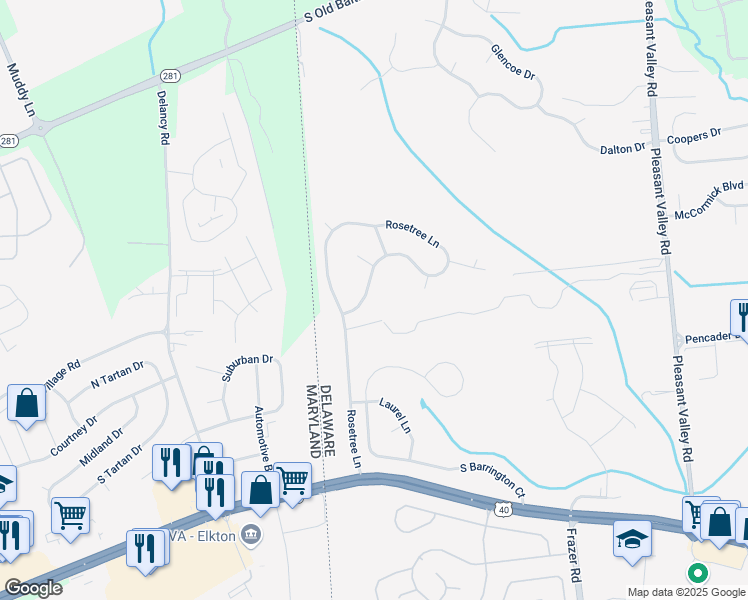 map of restaurants, bars, coffee shops, grocery stores, and more near 3001 Rosetree Lane in Newark