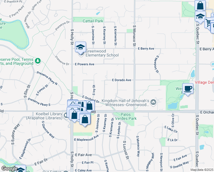 map of restaurants, bars, coffee shops, grocery stores, and more near 5742 South Jasmine Street in Greenwood Village