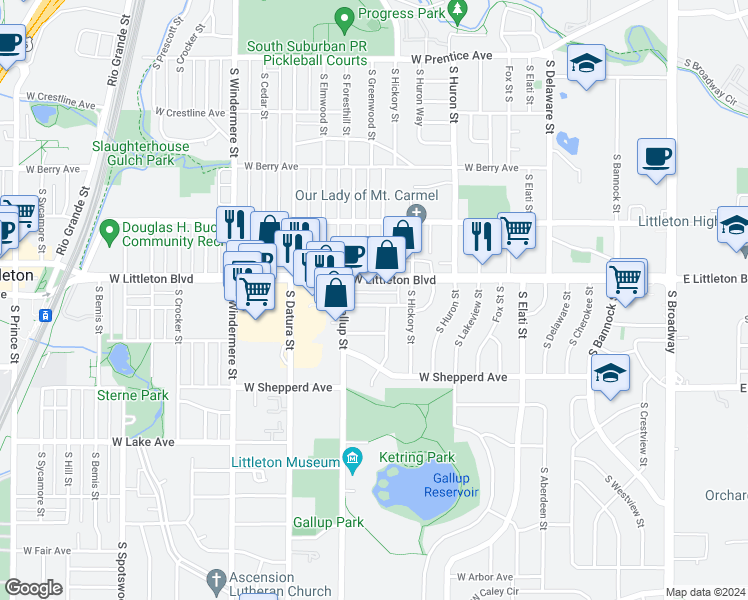map of restaurants, bars, coffee shops, grocery stores, and more near 1166 West Lilley Avenue in Littleton