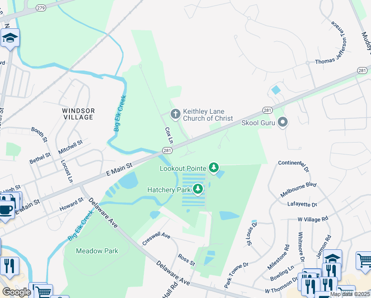 map of restaurants, bars, coffee shops, grocery stores, and more near 20 Red Hill Road in Elkton