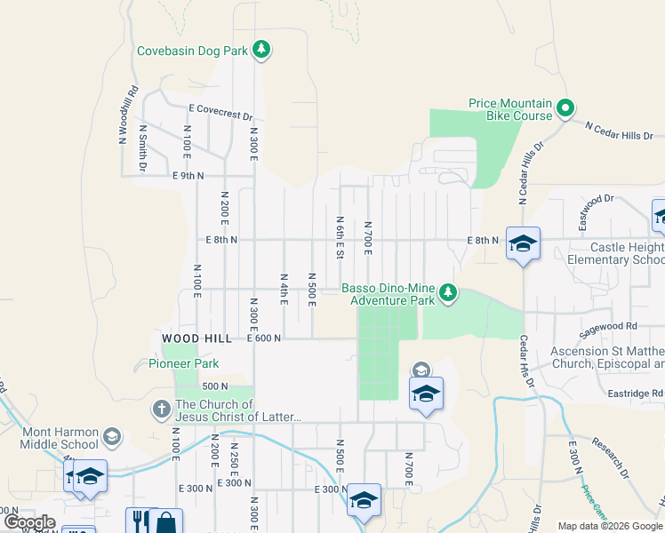 map of restaurants, bars, coffee shops, grocery stores, and more near 535 East 7th North in Price