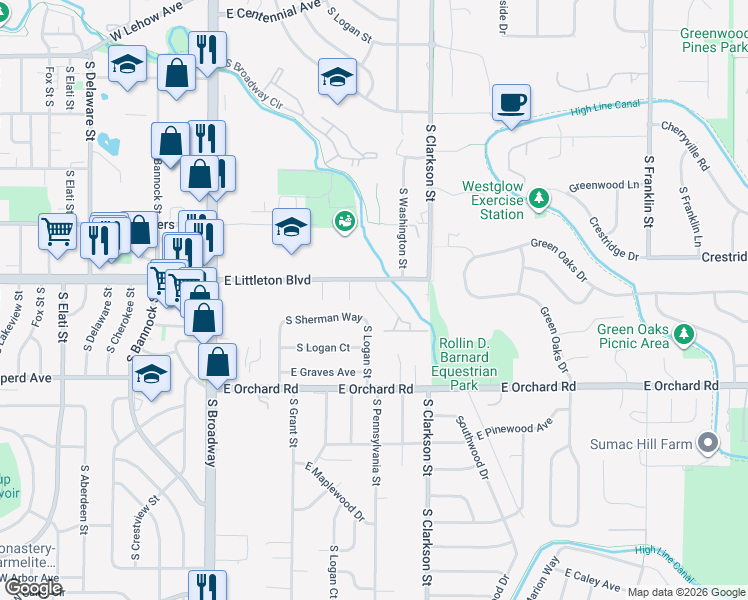 map of restaurants, bars, coffee shops, grocery stores, and more near 5705 South Pearl Street in Centennial