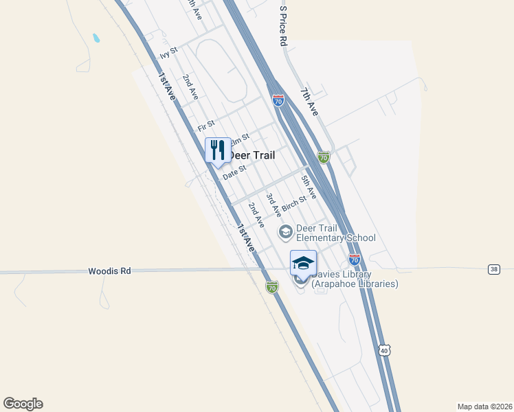 map of restaurants, bars, coffee shops, grocery stores, and more near 415 2nd Avenue in Deer Trail