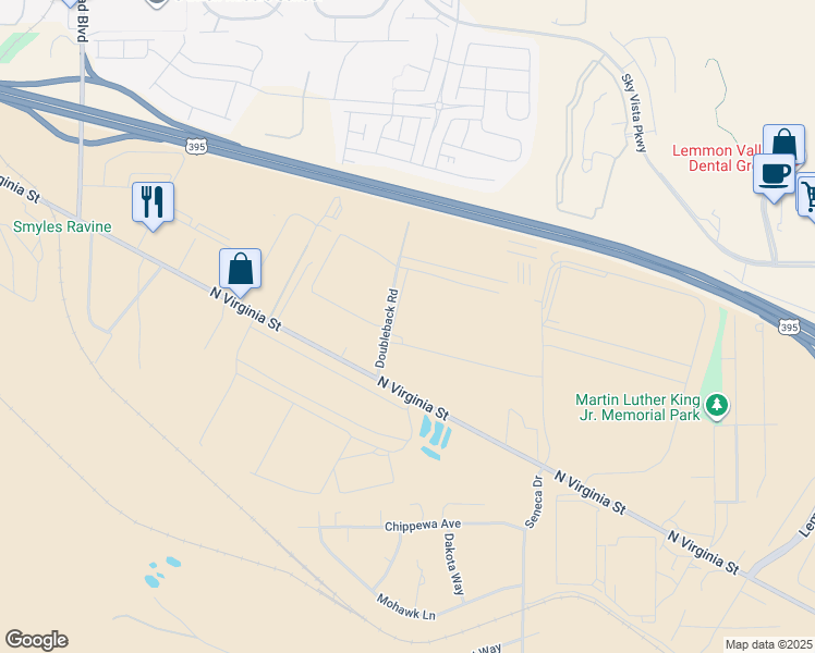 map of restaurants, bars, coffee shops, grocery stores, and more near 9550 North Virginia Street in Reno