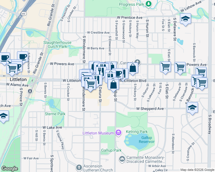 map of restaurants, bars, coffee shops, grocery stores, and more near 5755 South Gallup Street in Littleton