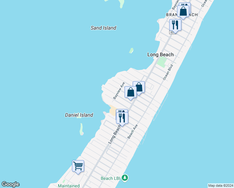 map of restaurants, bars, coffee shops, grocery stores, and more near 7750 Bayview Avenue in Long Beach Township