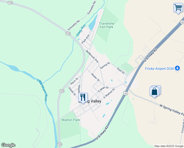 map of restaurants, bars, coffee shops, grocery stores, and more near Water Street in Spring Valley