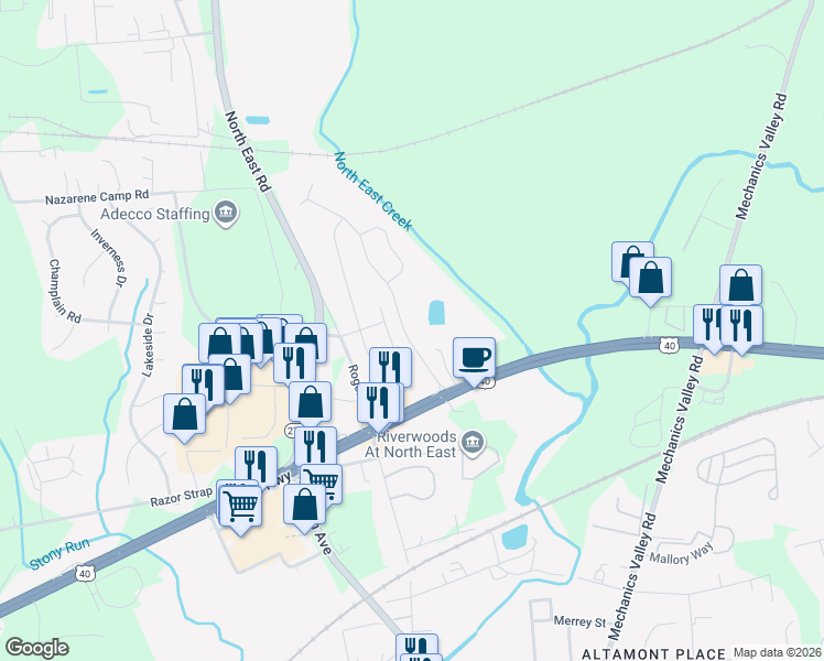 map of restaurants, bars, coffee shops, grocery stores, and more near 20 Cypress Drive in North East