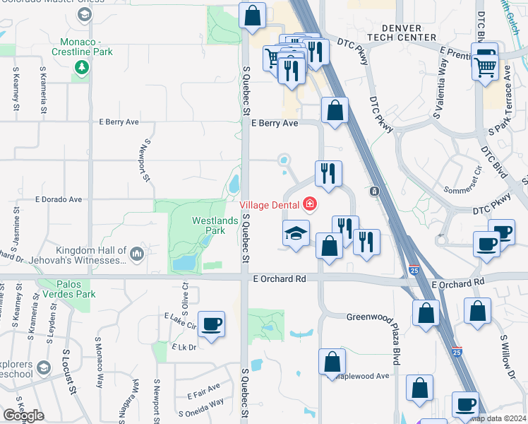map of restaurants, bars, coffee shops, grocery stores, and more near 5700 South Quebec Street in Greenwood Village