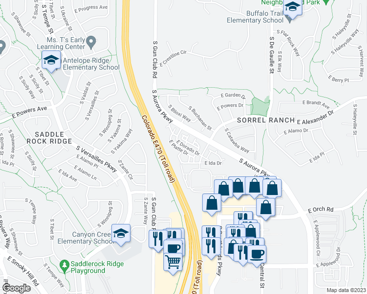 map of restaurants, bars, coffee shops, grocery stores, and more near 23565 East Platte Drive in Aurora