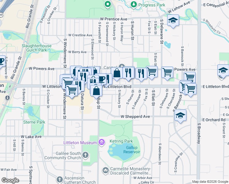 map of restaurants, bars, coffee shops, grocery stores, and more near 5760 South Greenwood Street in Littleton
