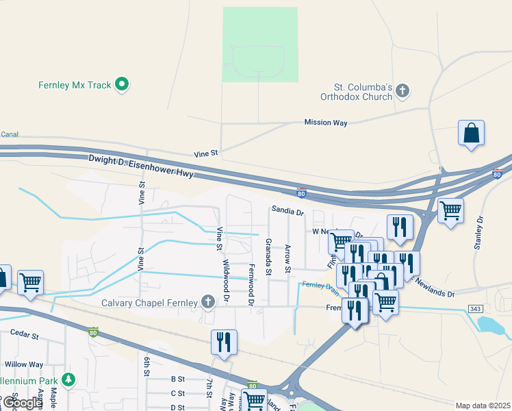 map of restaurants, bars, coffee shops, grocery stores, and more near 250 Granada Street in Fernley