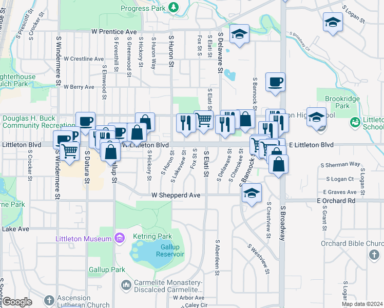 map of restaurants, bars, coffee shops, grocery stores, and more near 5725 South Fox Street in Littleton