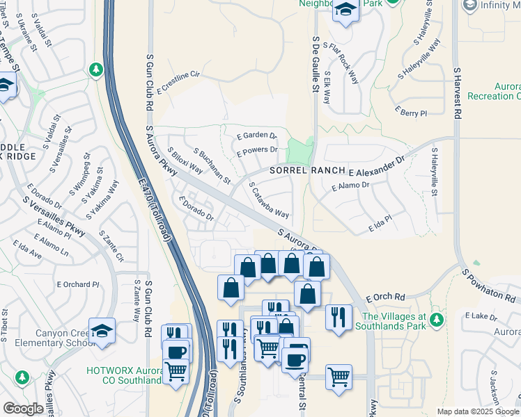 map of restaurants, bars, coffee shops, grocery stores, and more near 5721 South Catawba Way in Aurora
