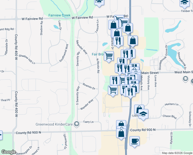 map of restaurants, bars, coffee shops, grocery stores, and more near 90 South Restin Road in Greenwood