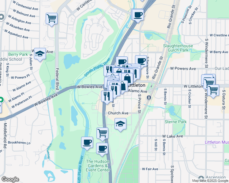 map of restaurants, bars, coffee shops, grocery stores, and more near 2694 West Alamo Avenue in Littleton