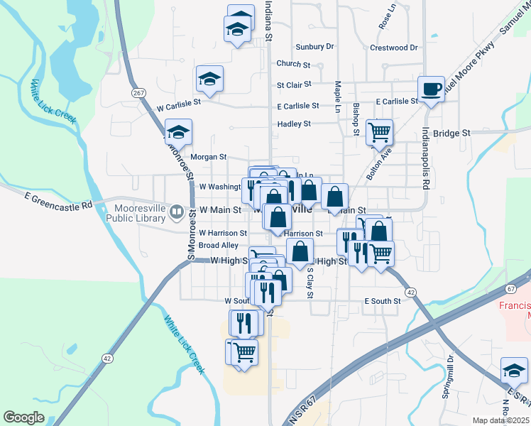 map of restaurants, bars, coffee shops, grocery stores, and more near 27 South Indiana Street in Mooresville