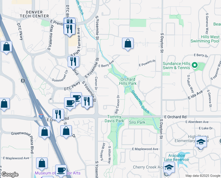 map of restaurants, bars, coffee shops, grocery stores, and more near 14 Canon Place in Greenwood Village