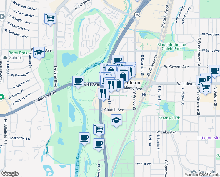 map of restaurants, bars, coffee shops, grocery stores, and more near 2694 West Alamo Avenue in Littleton