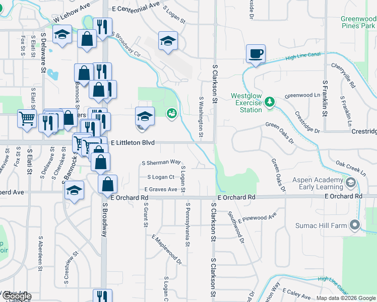 map of restaurants, bars, coffee shops, grocery stores, and more near 5709 South Pearl Street in Littleton
