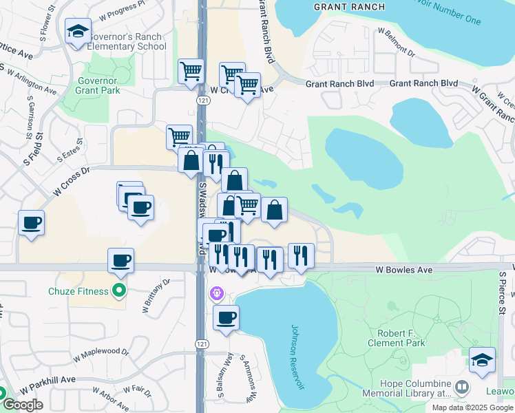 map of restaurants, bars, coffee shops, grocery stores, and more near 8012 West Long Drive in Littleton