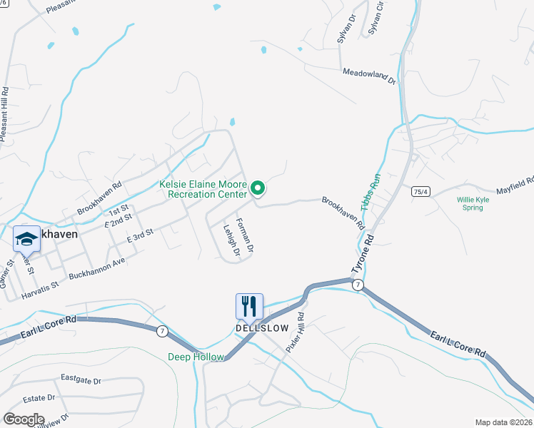 map of restaurants, bars, coffee shops, grocery stores, and more near 1446 Brookhaven Road in Morgantown