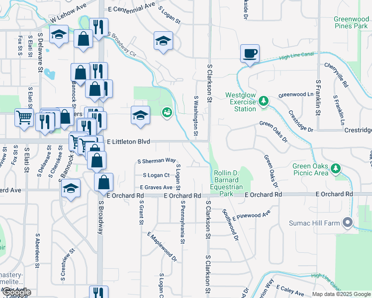 map of restaurants, bars, coffee shops, grocery stores, and more near 5805 South Pearl Street in Centennial