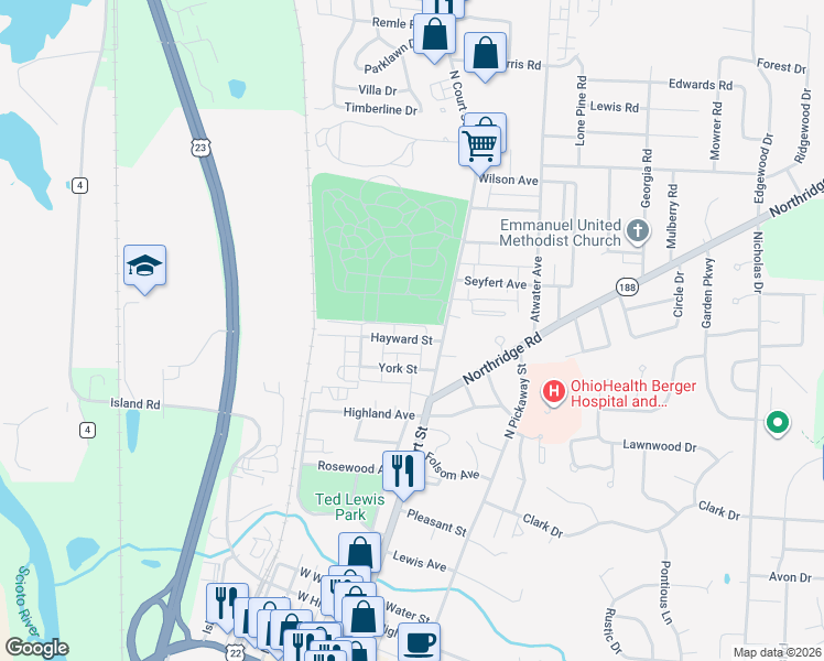map of restaurants, bars, coffee shops, grocery stores, and more near 131 York Street in Circleville