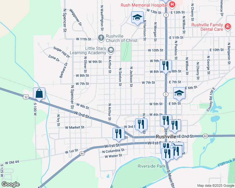 map of restaurants, bars, coffee shops, grocery stores, and more near 522 West 5th Street in Rushville