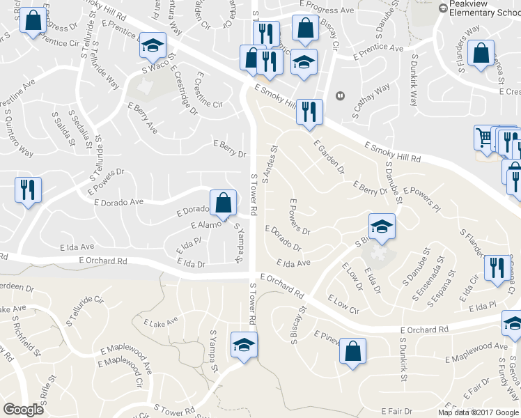 map of restaurants, bars, coffee shops, grocery stores, and more near 5775 South Andes Street in Aurora